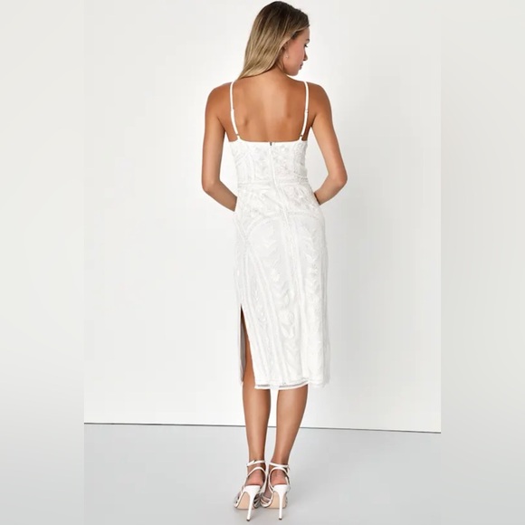 NWT lulus White Sequin Embroidered Side Slit Midi Dress Large - Picture 2 of 10
